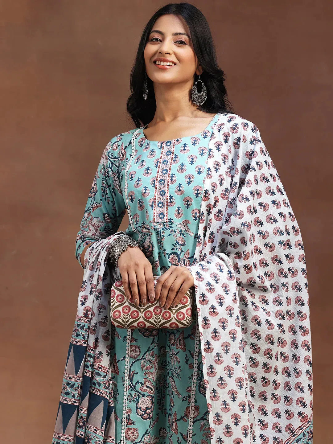 Blue Printed Cotton Straight Suit With Dupatta 