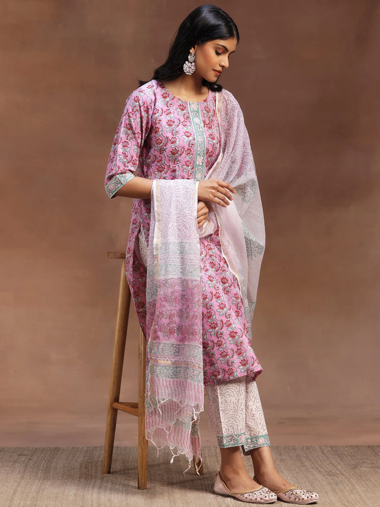 Libas Pink Printed Cotton Straight Suit With Dupatta