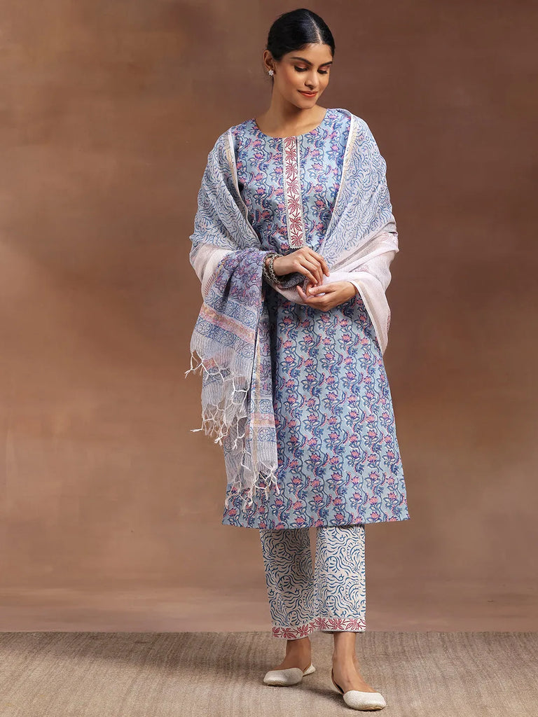 Libas Blue Printed Cotton Straight Suit With Dupatta