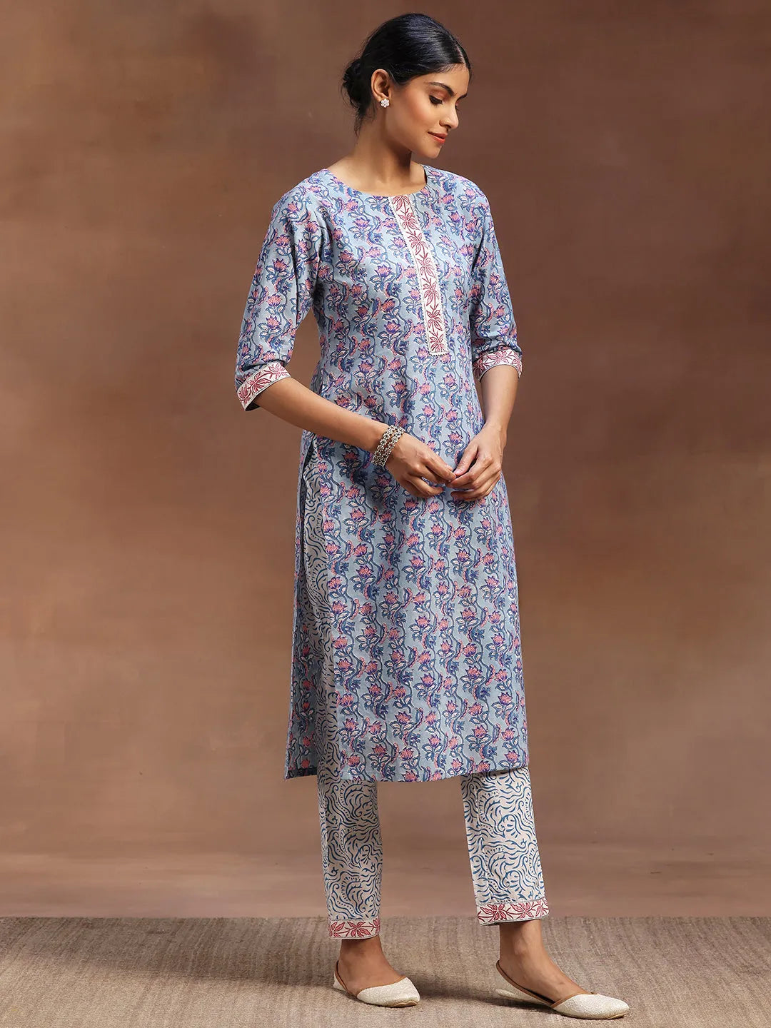  Blue Printed Cotton Straight Suit With Dupatta 
