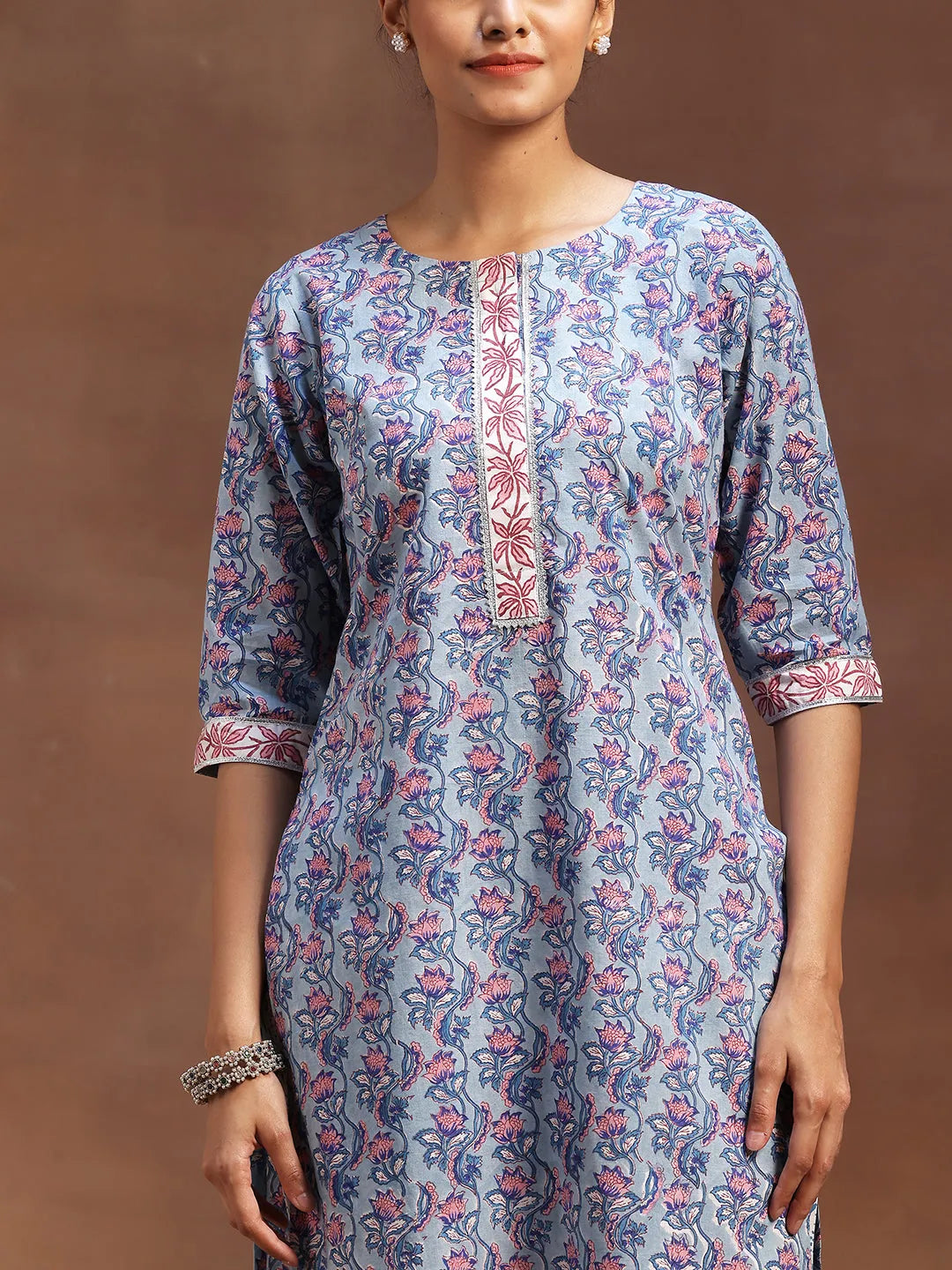  Blue Printed Cotton Straight Suit With Dupatta 