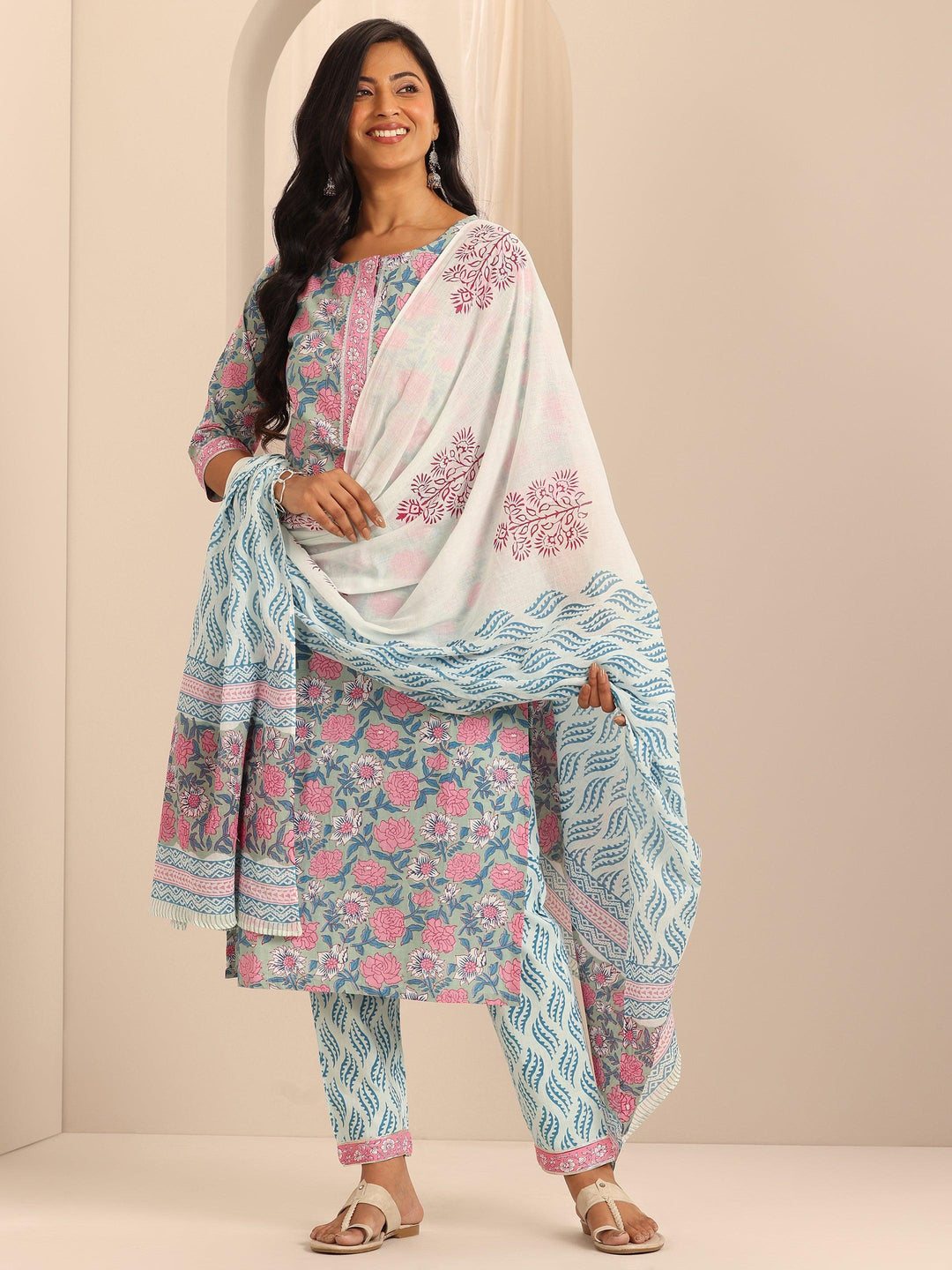  Blue Printed Cotton Straight Suit With Dupatta 