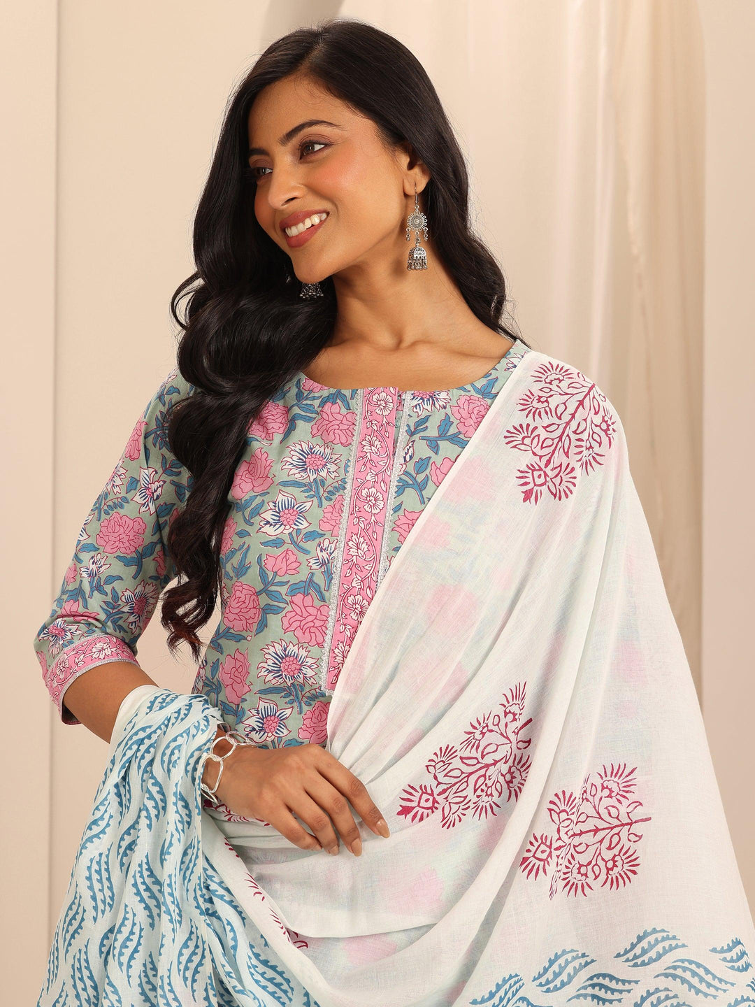 Blue Printed Cotton Straight Suit With Dupatta 