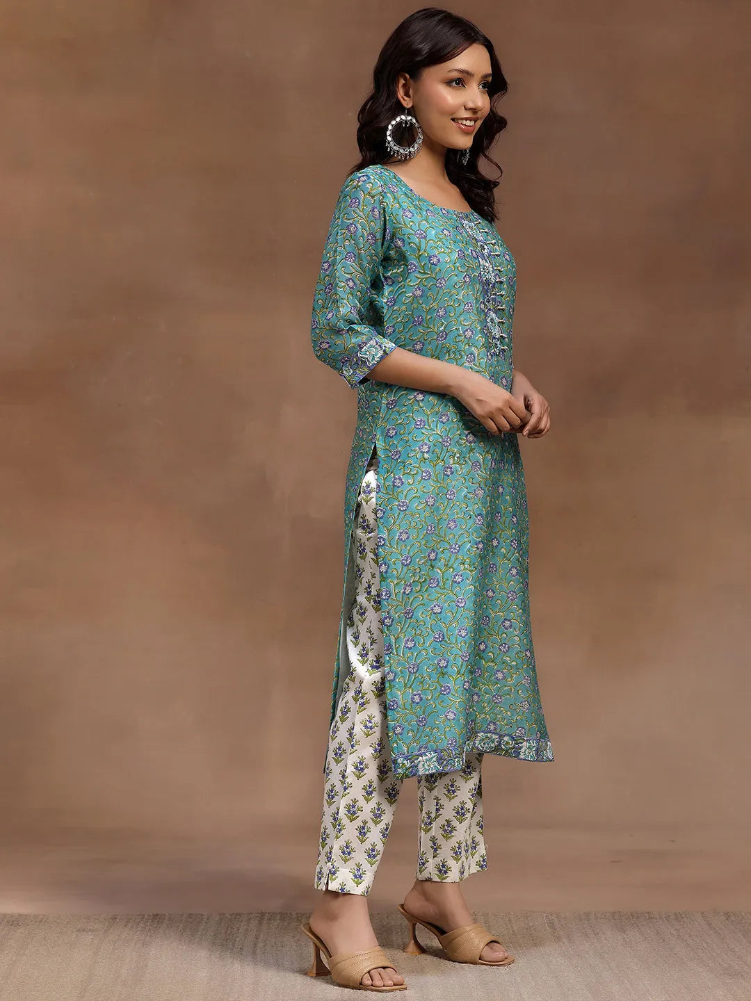  Rama Green Printed Cotton Straight Suit With Dupatta 