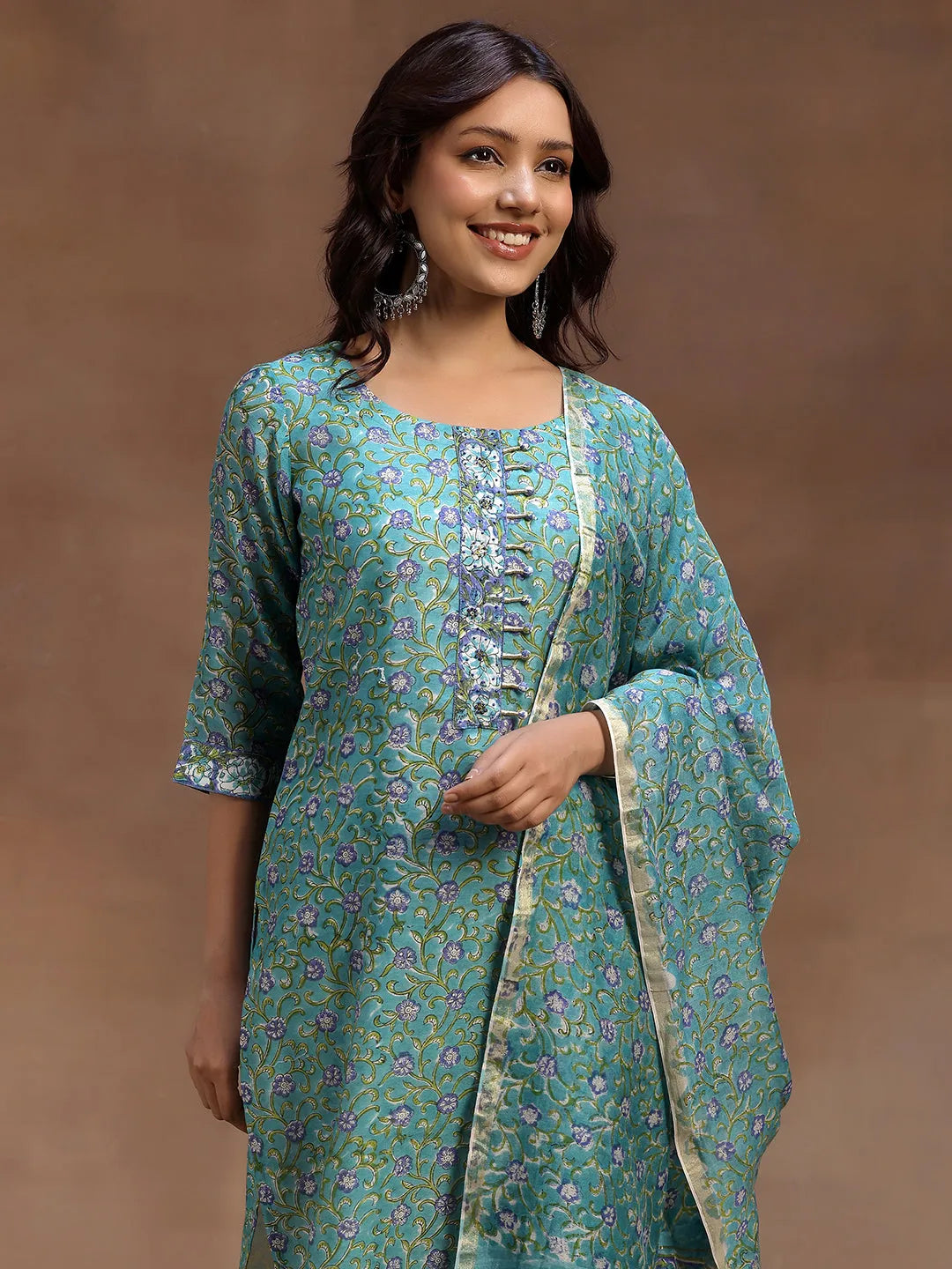  Rama Green Printed Cotton Straight Suit With Dupatta 