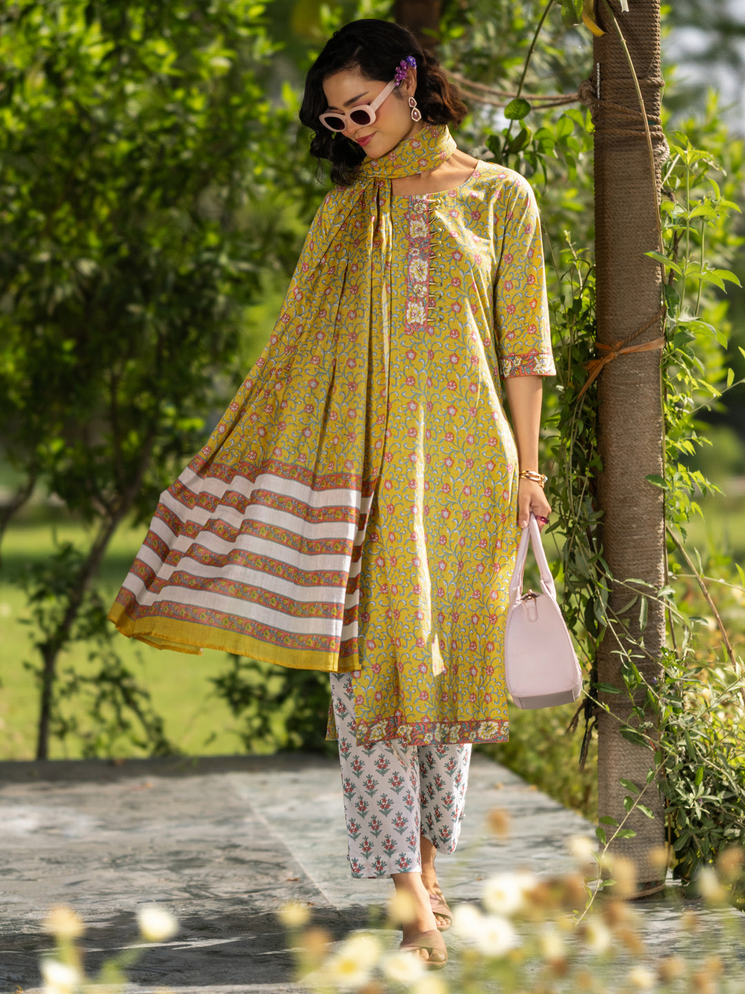  Yellow Printed Cotton Straight Suit With Dupatta 