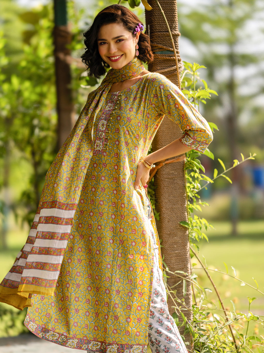 Yellow Printed Cotton Straight Suit With Dupatta