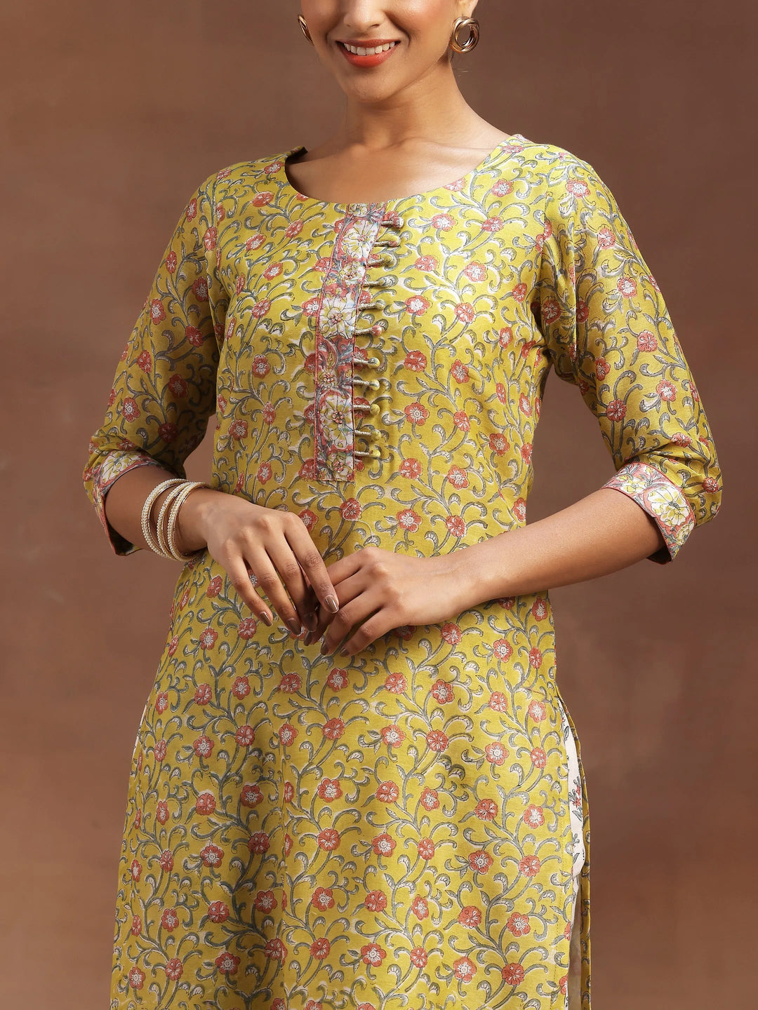  Yellow Printed Cotton Straight Suit With Dupatta 