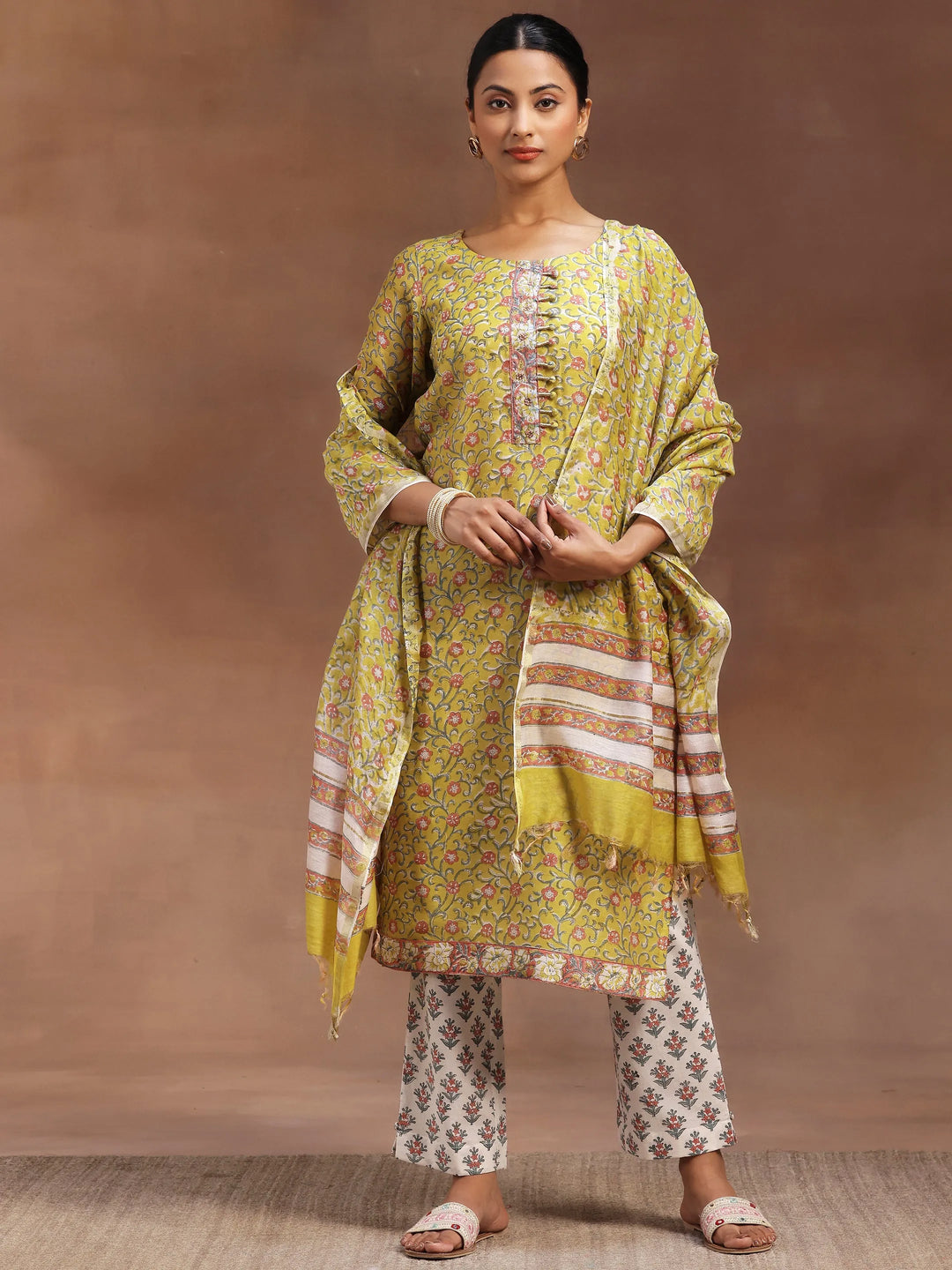  Yellow Printed Cotton Straight Suit With Dupatta 