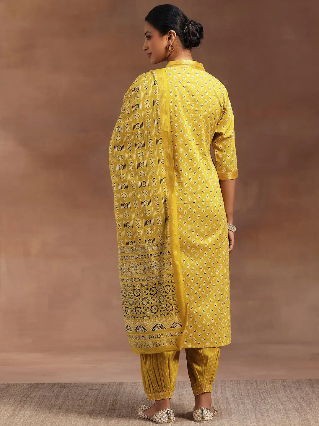  Mustard Printed Cotton Straight Suit With Dupatta 