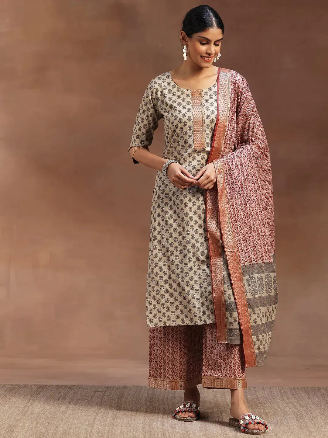  Beige Printed Cotton Straight Suit With Dupatta 