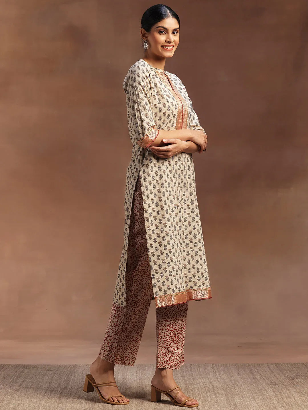  Beige Printed Cotton Straight Suit With Dupatta 