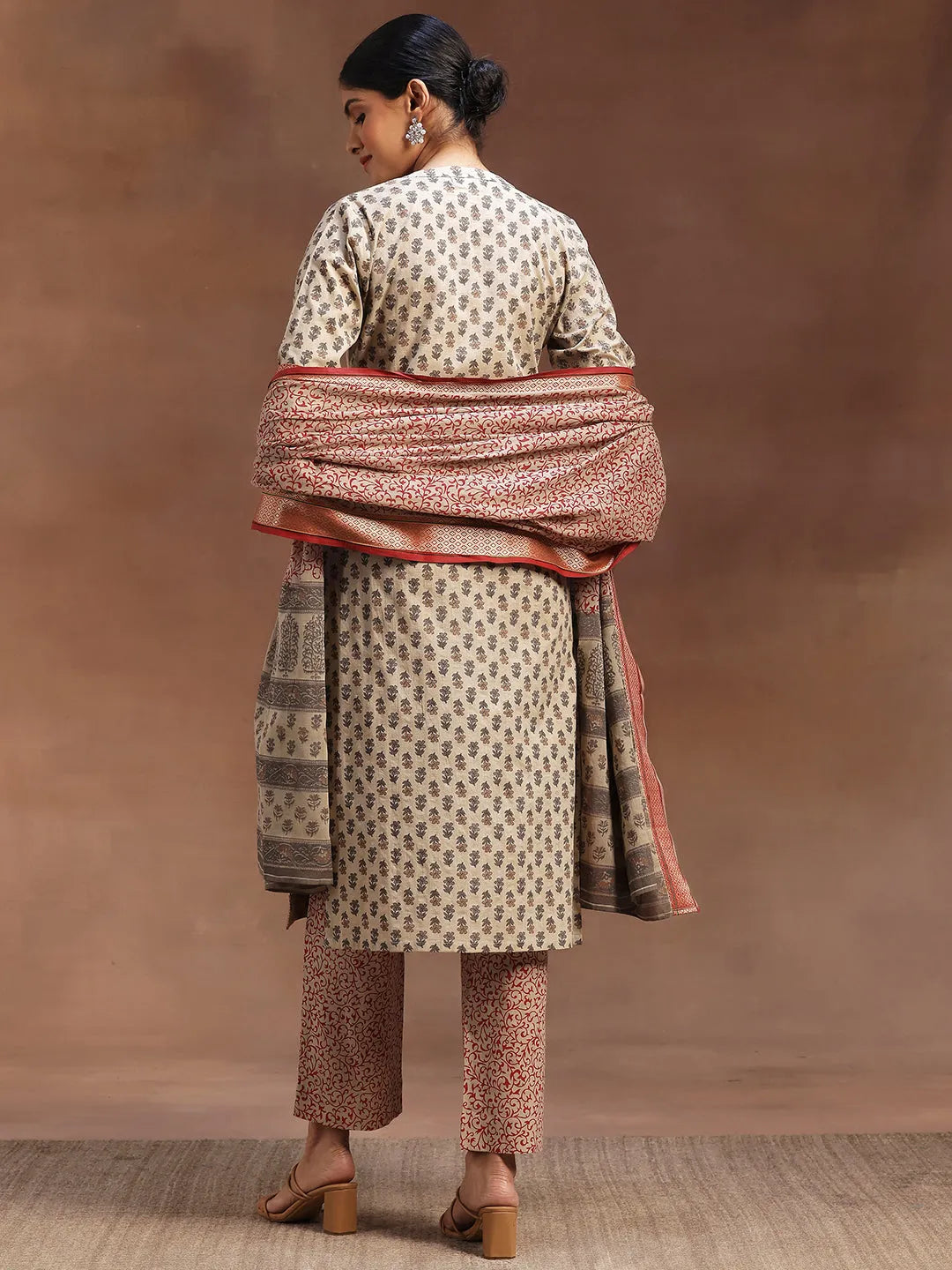  Beige Printed Cotton Straight Suit With Dupatta 