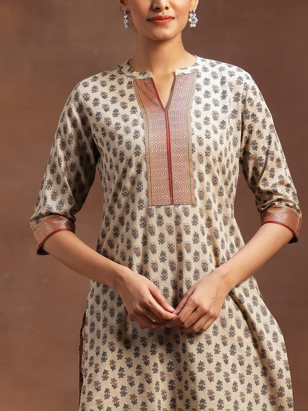  Beige Printed Cotton Straight Suit With Dupatta 