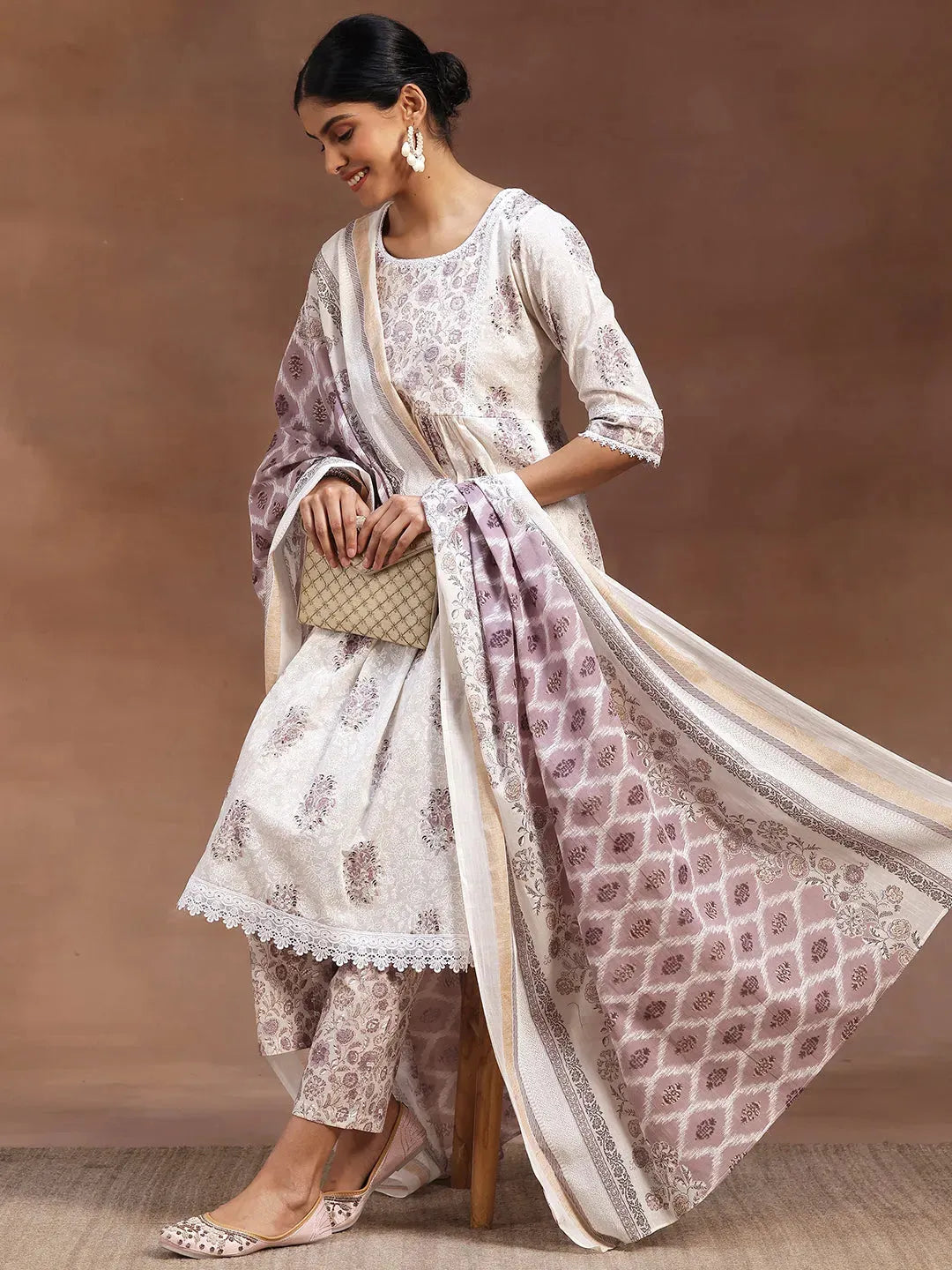  White Printed Cotton A-line Kurta With Trousers & Dupatta 