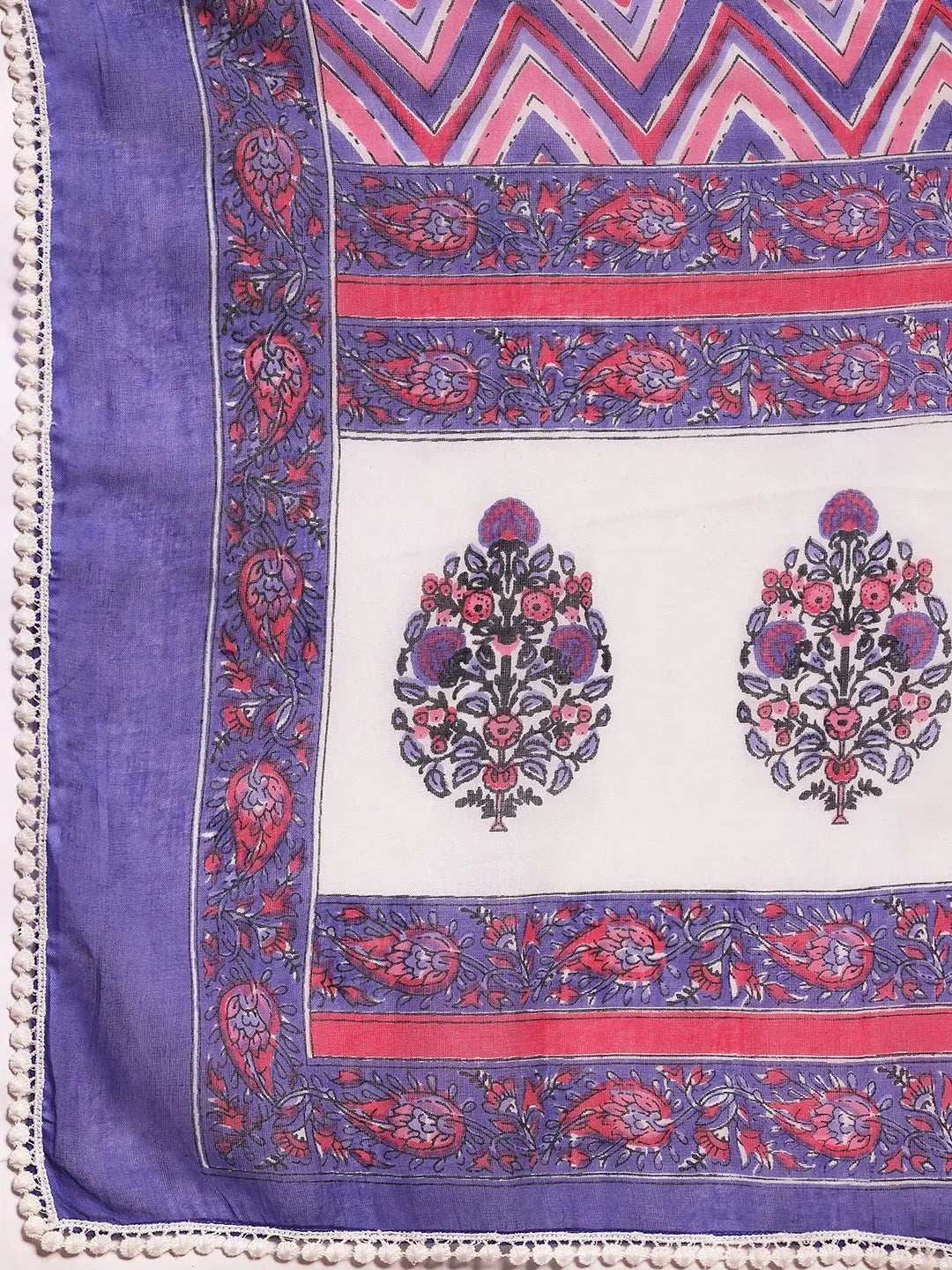  Purple Printed Cotton A-line Kurta With Trousers & Dupatta 