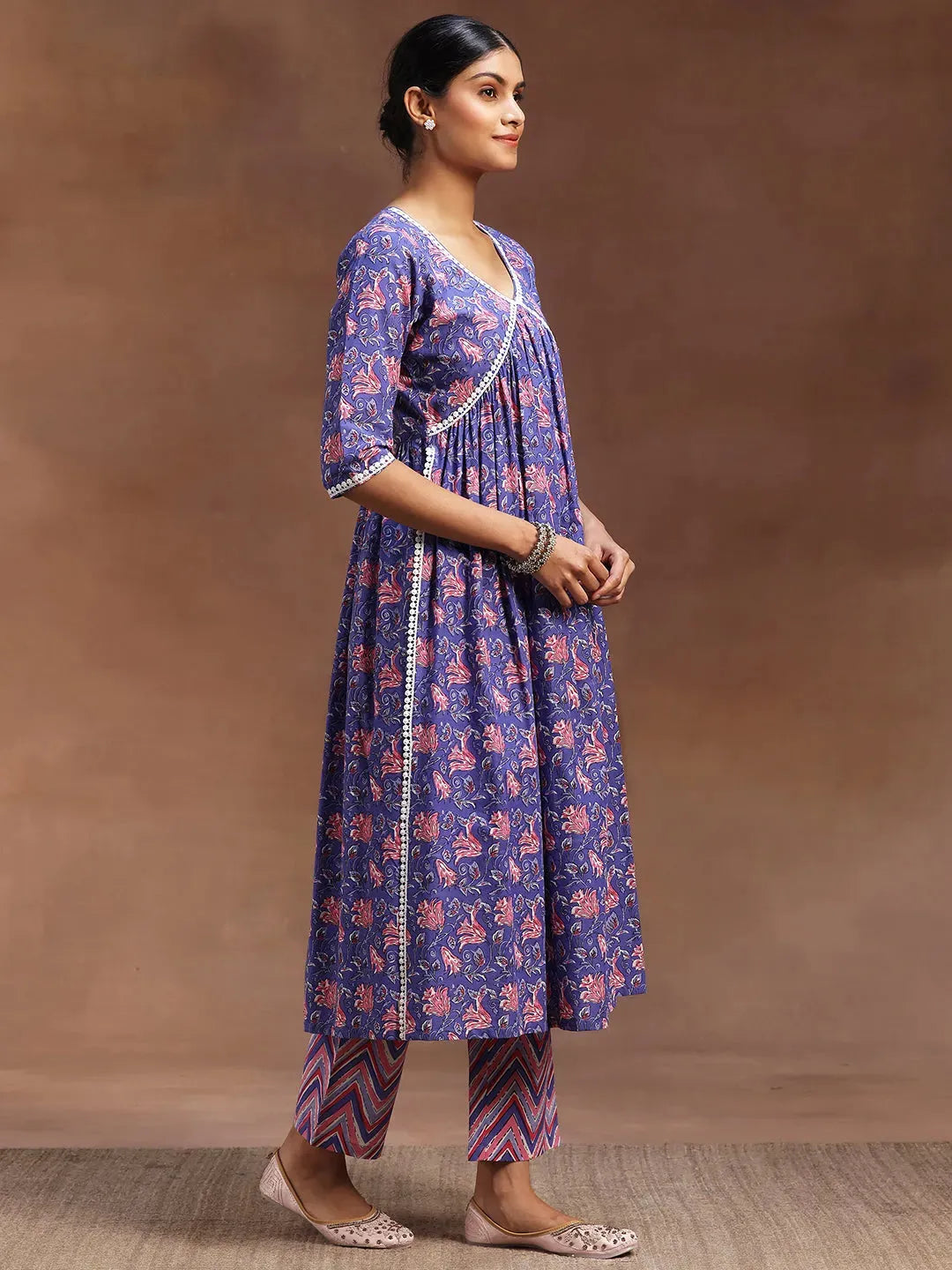 Purple Printed Cotton A-line Kurta With Trousers & Dupatta 