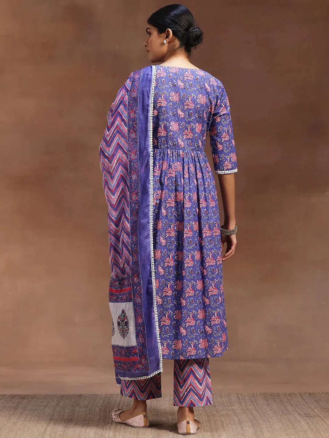  Purple Printed Cotton A-line Kurta With Trousers & Dupatta 