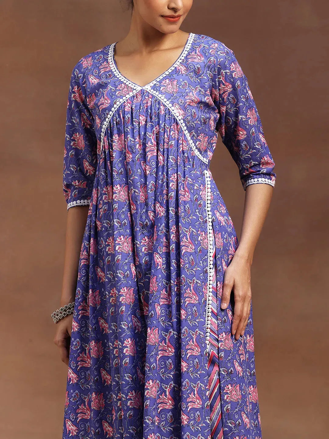  Purple Printed Cotton A-line Kurta With Trousers & Dupatta 