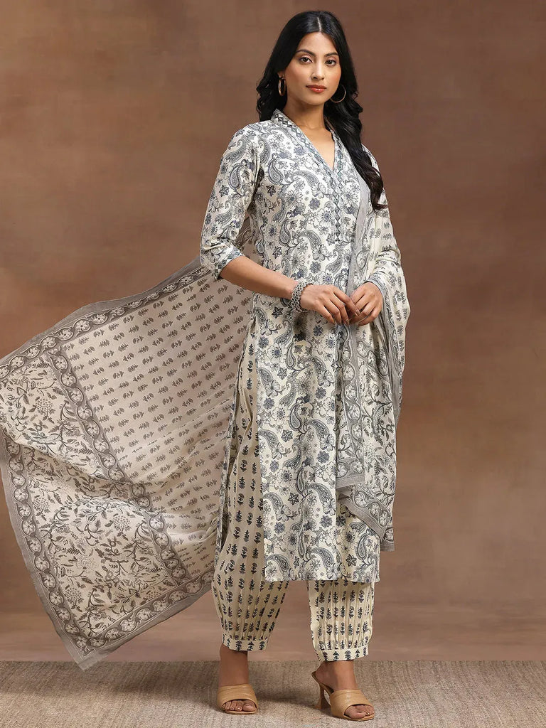 Gerua Grey Printed Cotton Blend Straight Suit With Dupatta