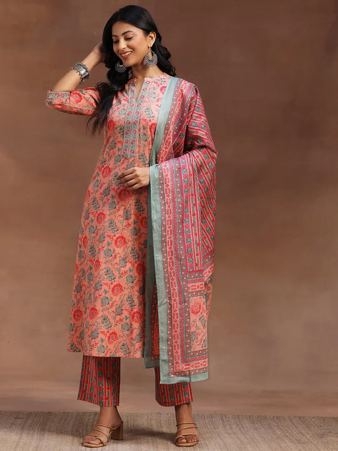  Peach Printed Cotton A-line Kurta With Trousers & Dupatta 