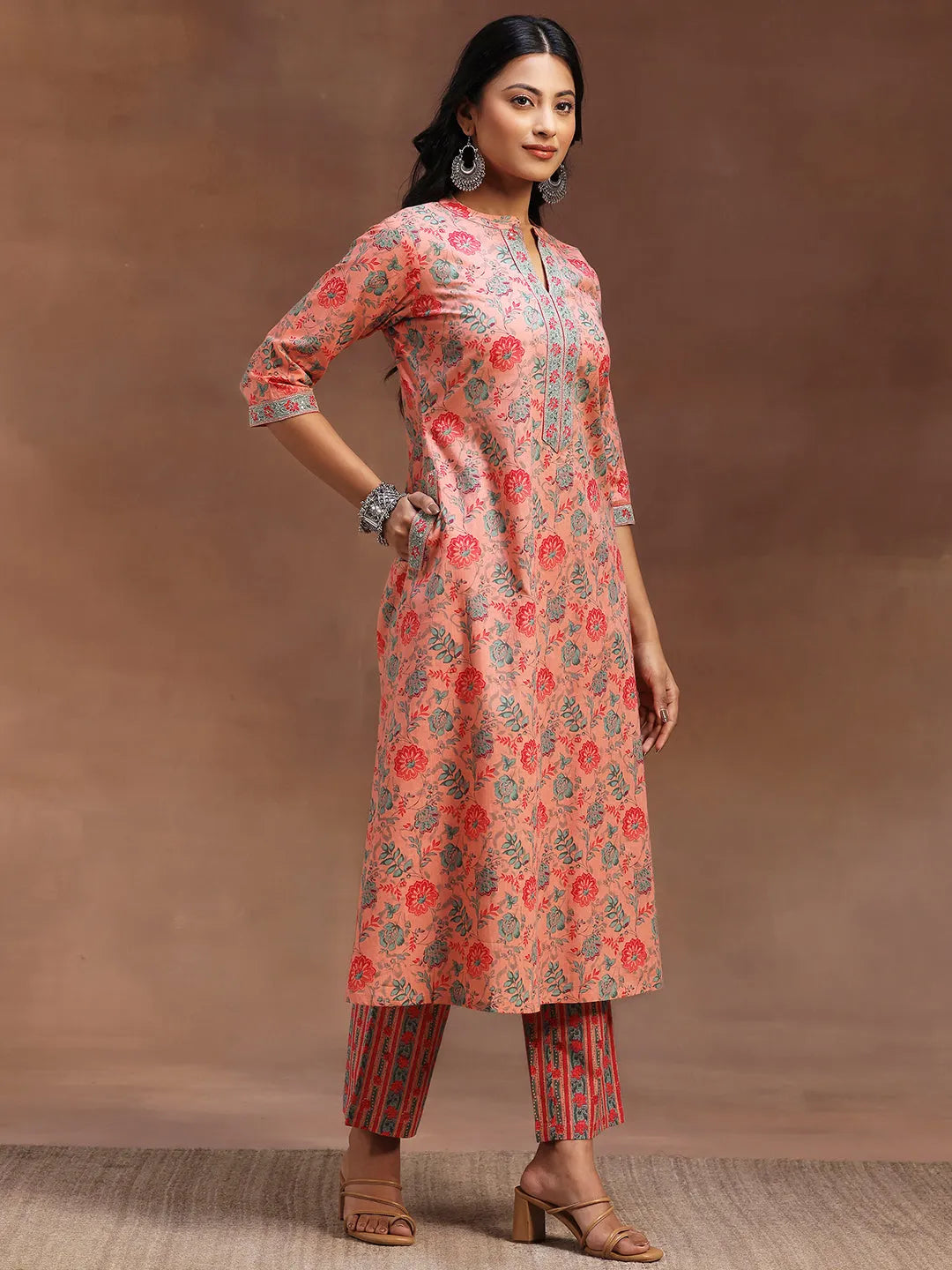  Peach Printed Cotton A-line Kurta With Trousers & Dupatta 