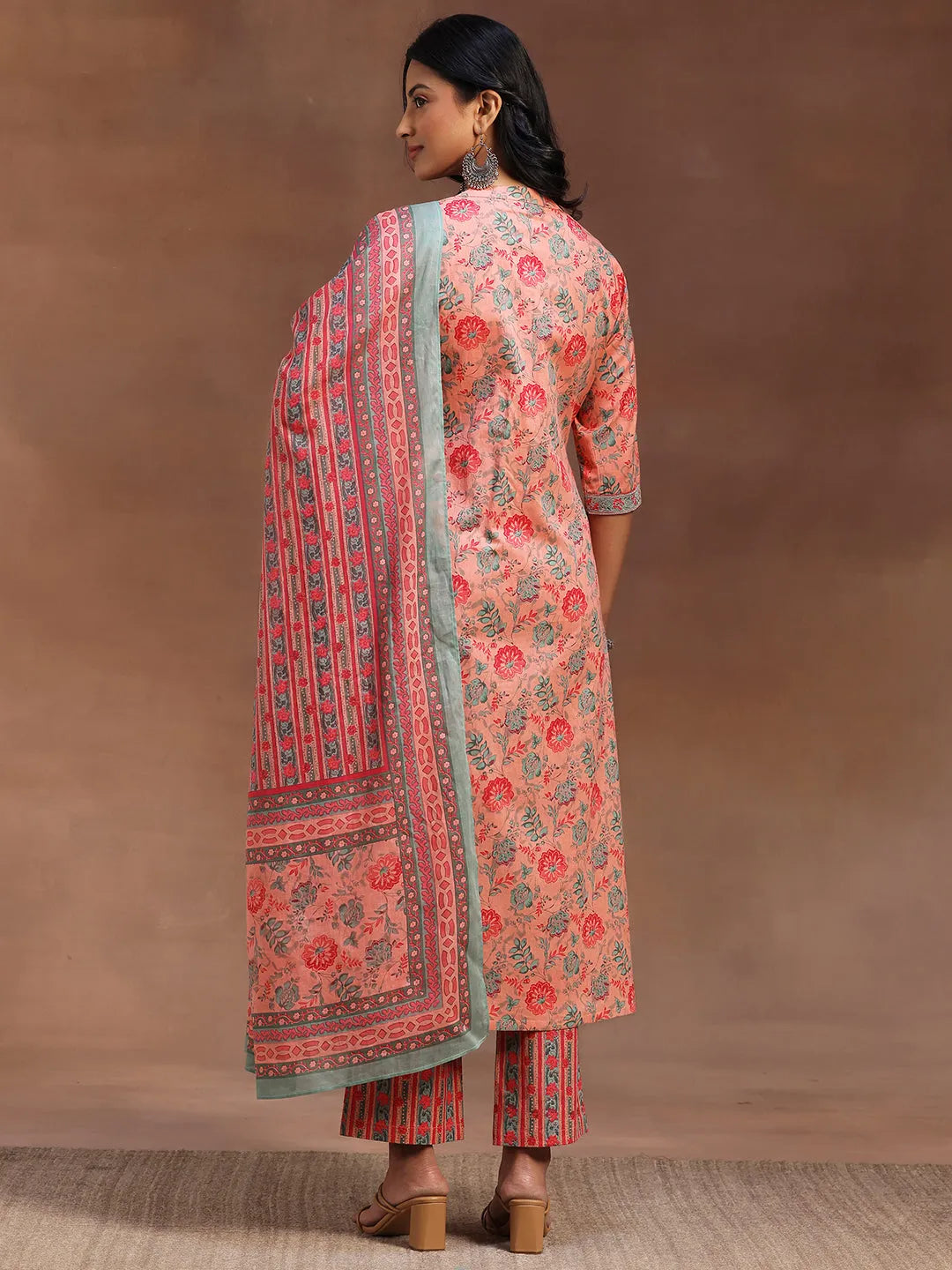  Peach Printed Cotton A-line Kurta With Trousers & Dupatta 
