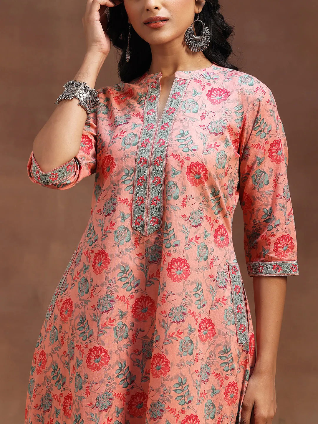  Peach Printed Cotton A-line Kurta With Trousers & Dupatta 