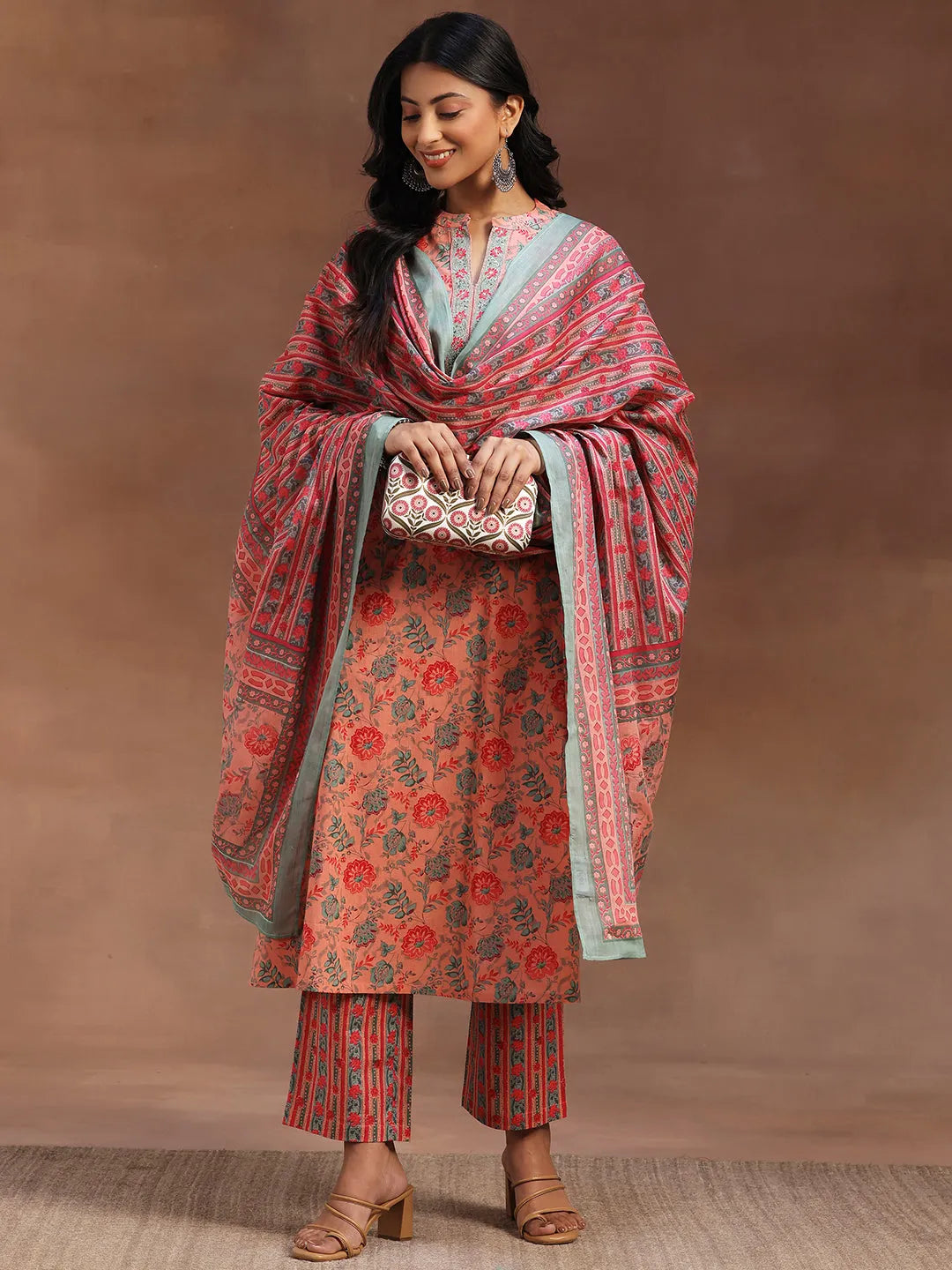  Peach Printed Cotton A-line Kurta With Trousers & Dupatta 
