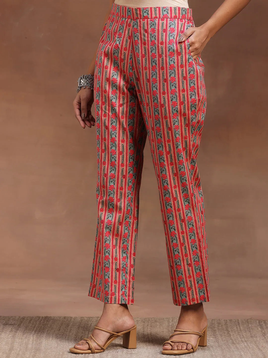  Peach Printed Cotton A-line Kurta With Trousers & Dupatta 