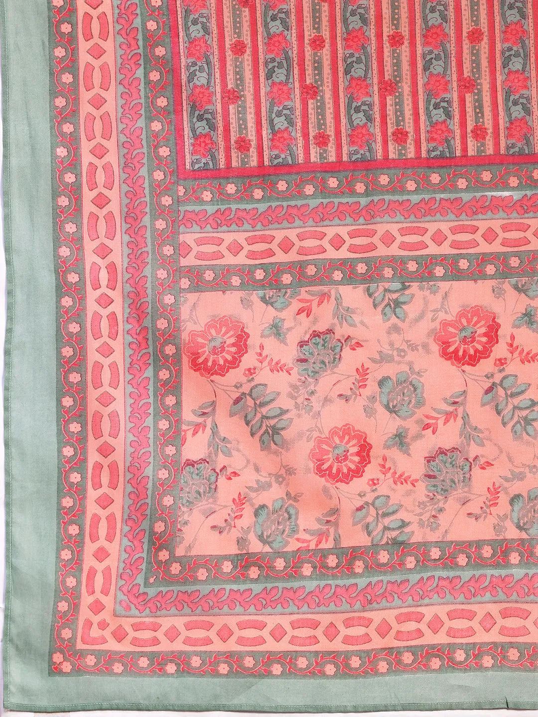  Peach Printed Cotton A-line Kurta With Trousers & Dupatta 