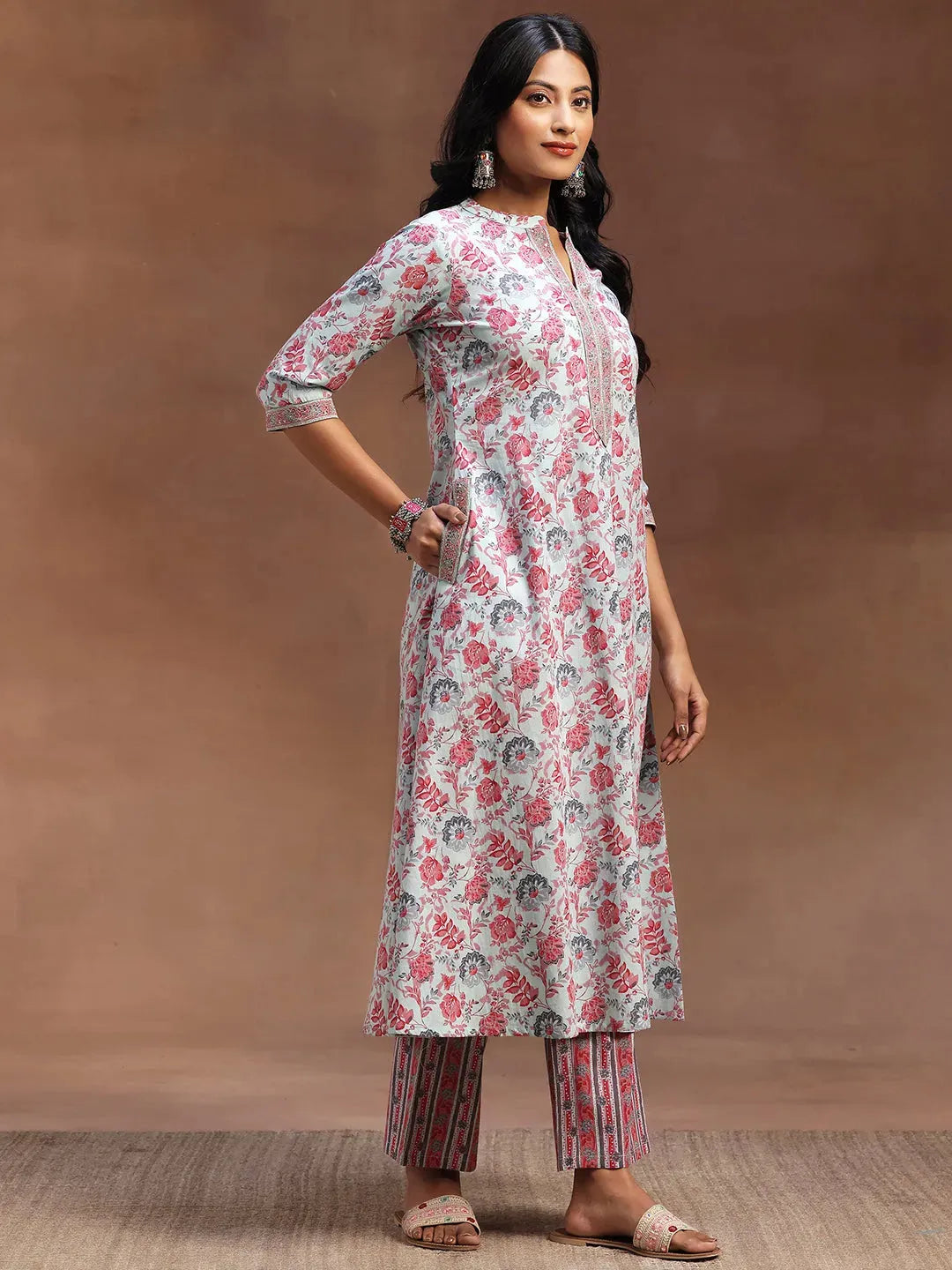  Light Blue Printed Cotton A-line Kurta With Trousers & Dupatta 