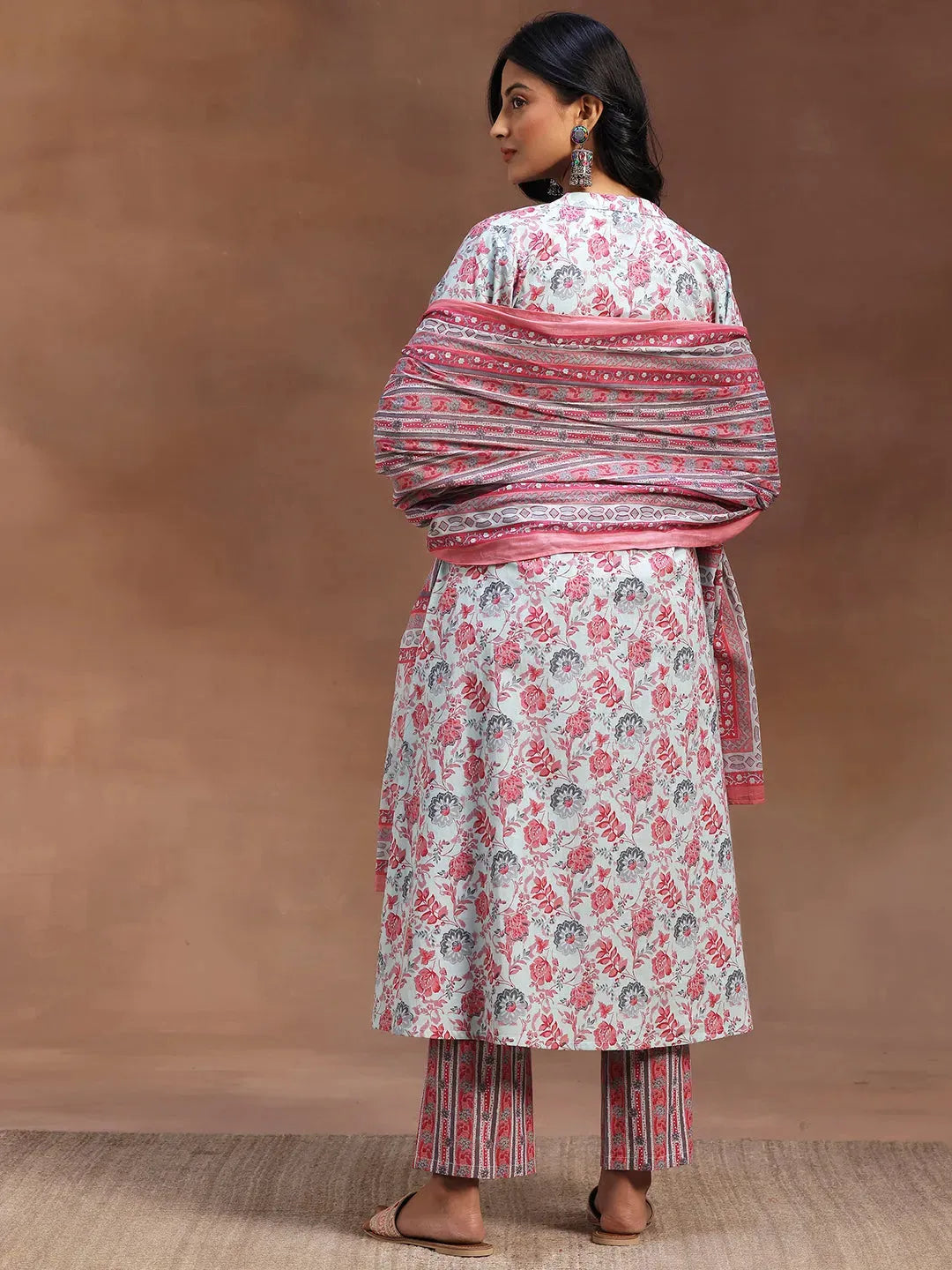  Light Blue Printed Cotton A-line Kurta With Trousers & Dupatta 