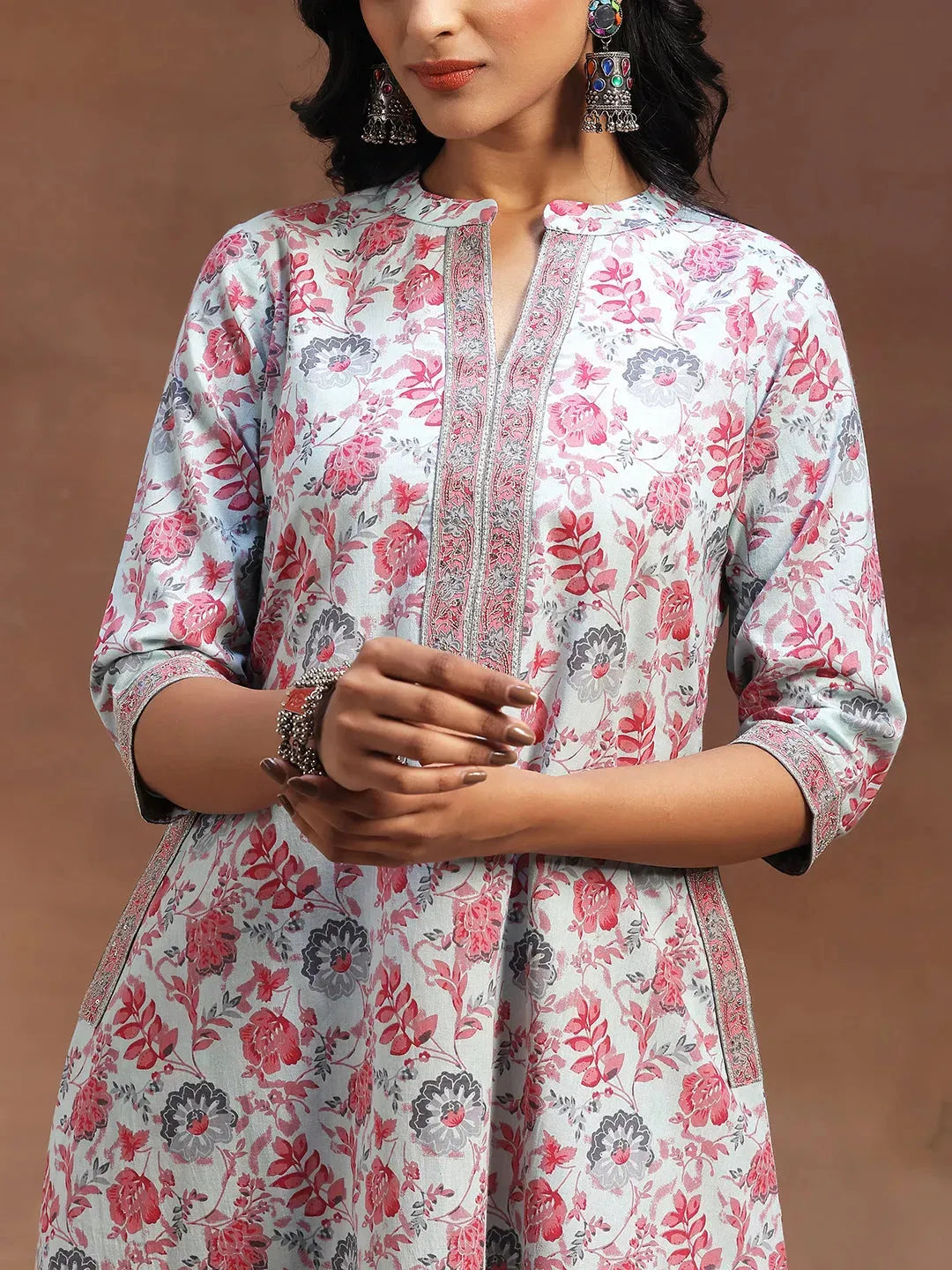  Light Blue Printed Cotton A-line Kurta With Trousers & Dupatta 