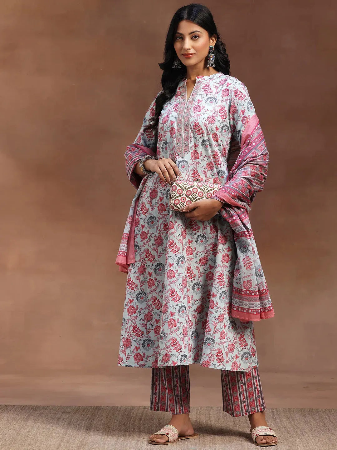  Light Blue Printed Cotton A-line Kurta With Trousers & Dupatta 