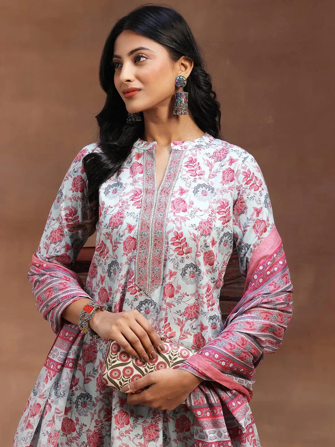  Light Blue Printed Cotton A-line Kurta With Trousers & Dupatta 