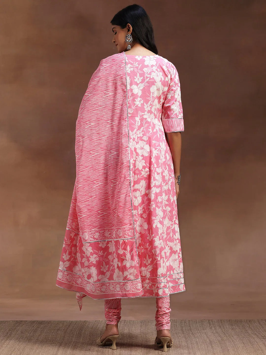  Pink Printed Cotton Anarkali Suit With Dupatta 