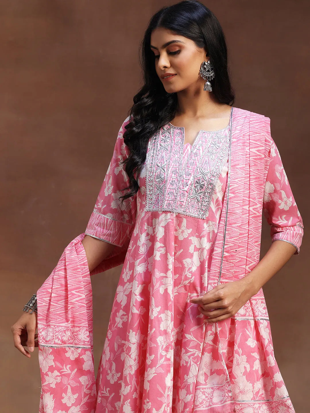  Pink Printed Cotton Anarkali Suit With Dupatta 