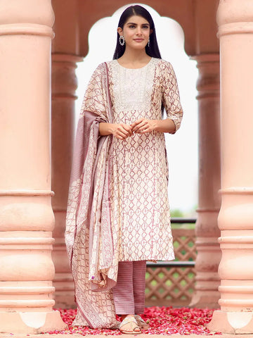 Off White Printed Silk Blend Straight Suit With Dupatta
