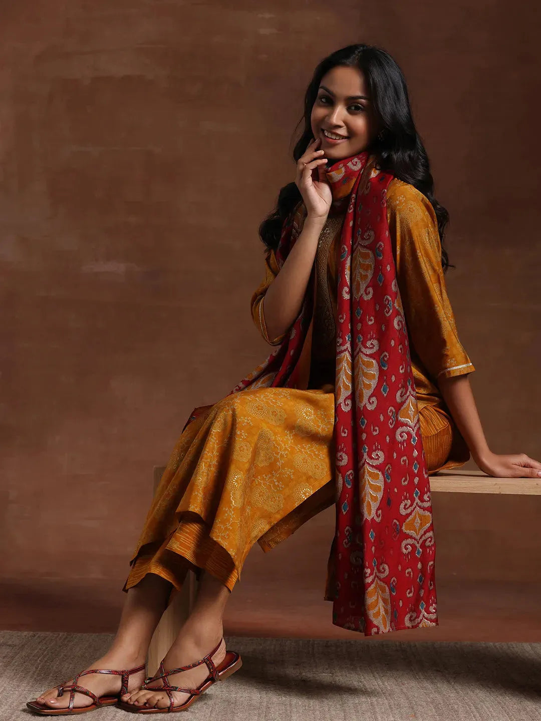 Mustard Printed Silk Blend Straight Suit With Dupatta-image-47