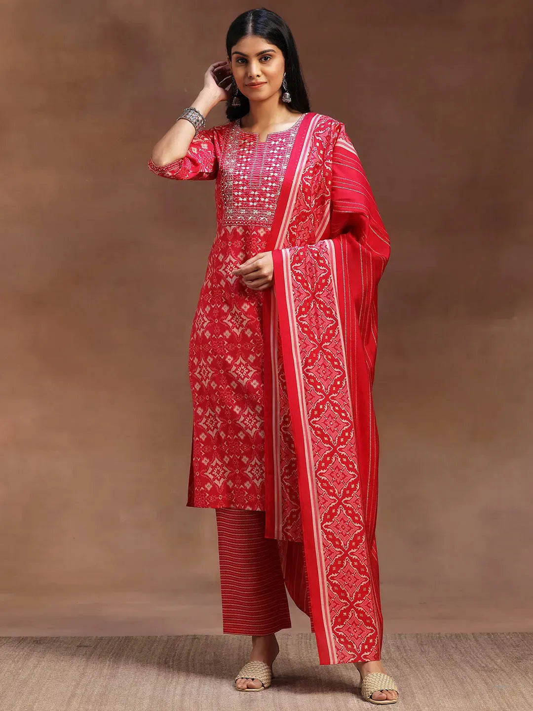 Pink Printed Silk Blend Straight Suit With Dupatta 