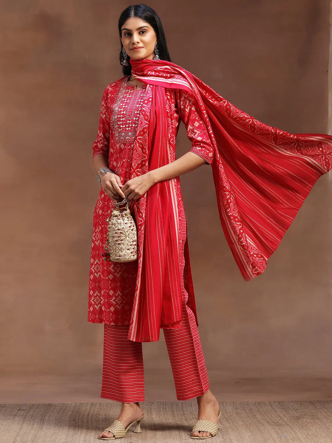  Pink Printed Silk Blend Straight Suit With Dupatta 