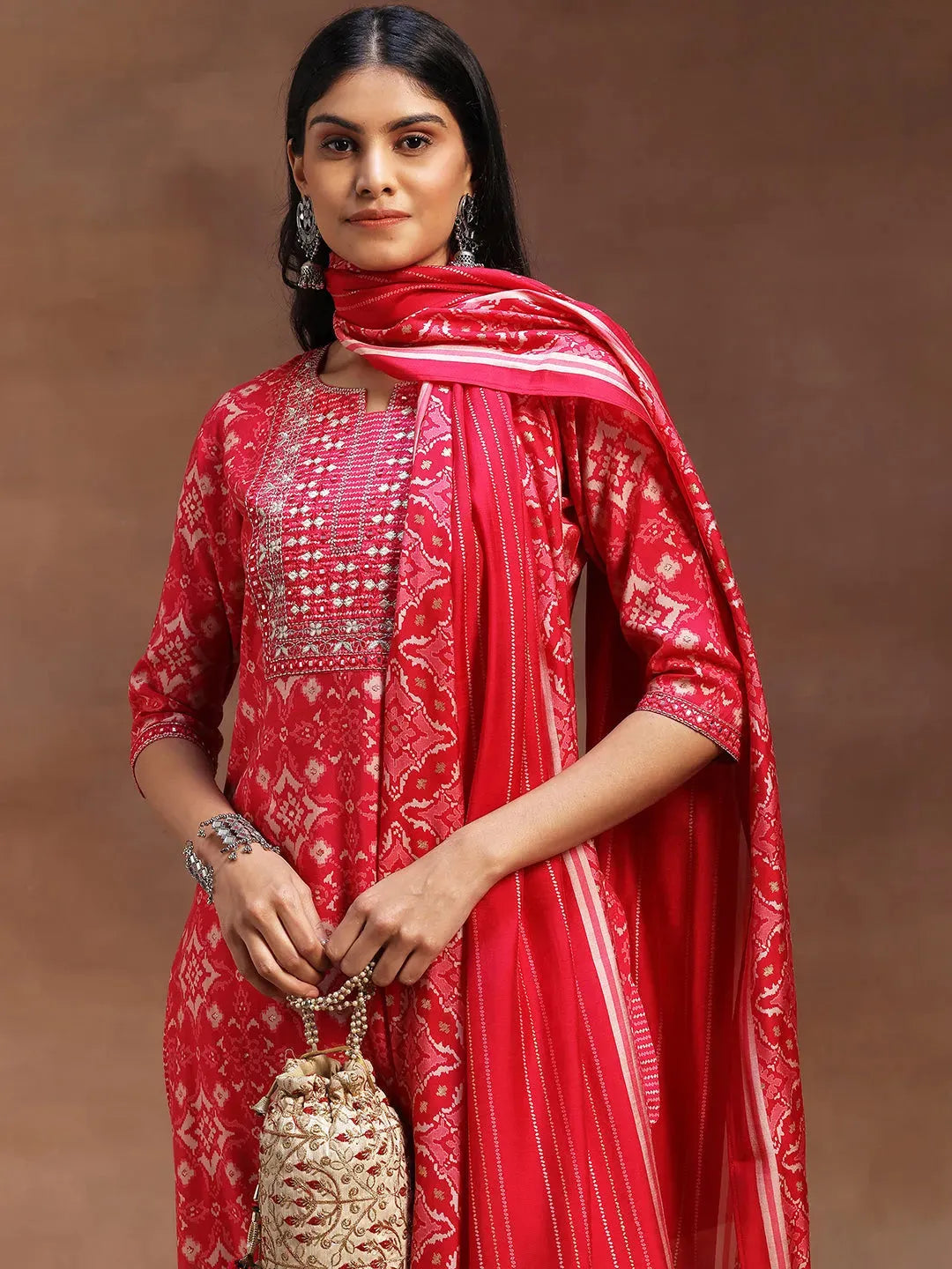  Pink Printed Silk Blend Straight Suit With Dupatta 