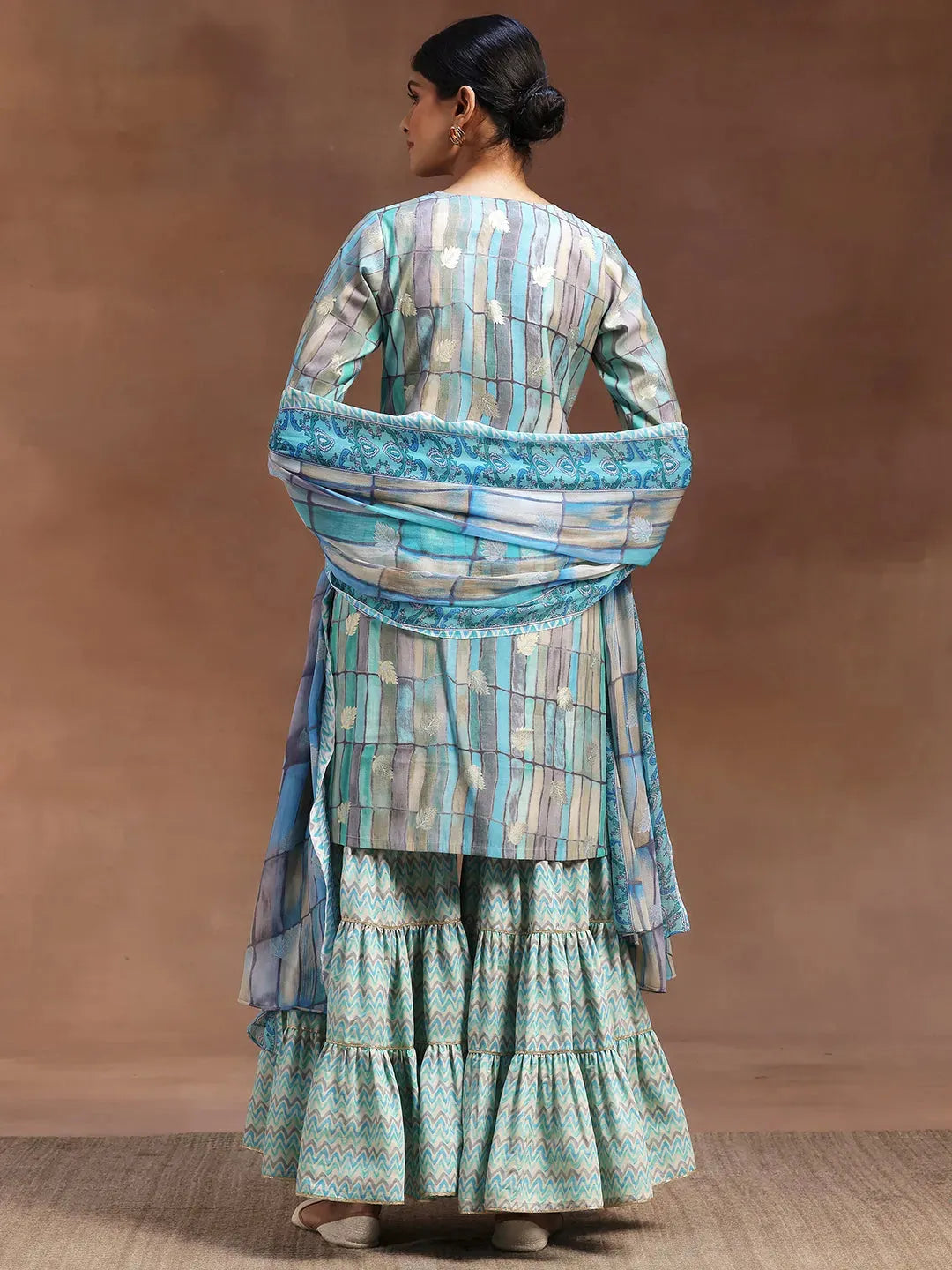  Blue Printed Silk Blend Straight Suit With Dupatta 
