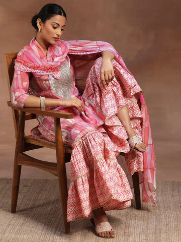Pink Printed Silk Blend Straight Suit With Dupatta