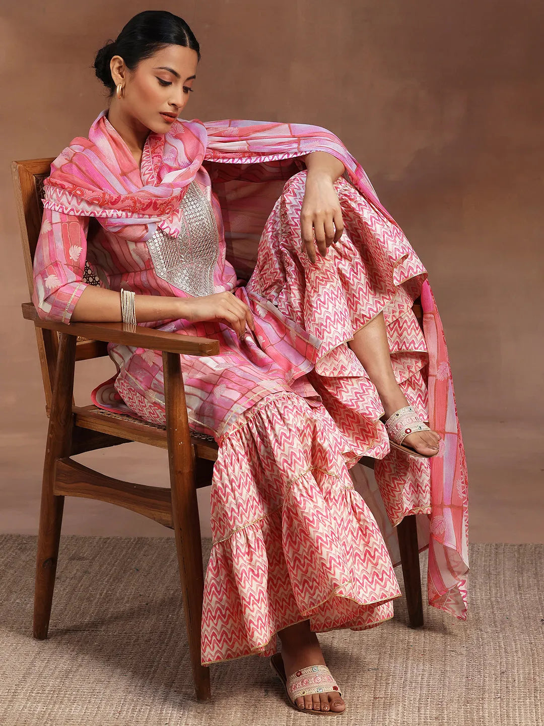  Pink Printed Silk Blend Straight Suit With Dupatta 