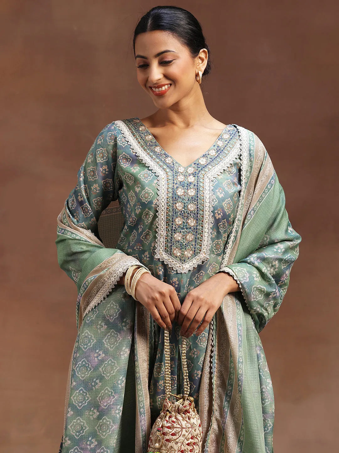  Green Printed Silk Blend A-Line Kurta With Trousers & Dupatta 
