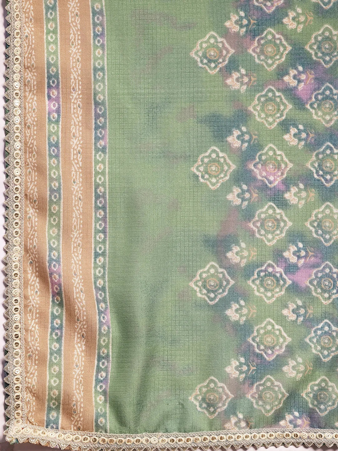  Green Printed Silk Blend A-Line Kurta With Trousers & Dupatta 
