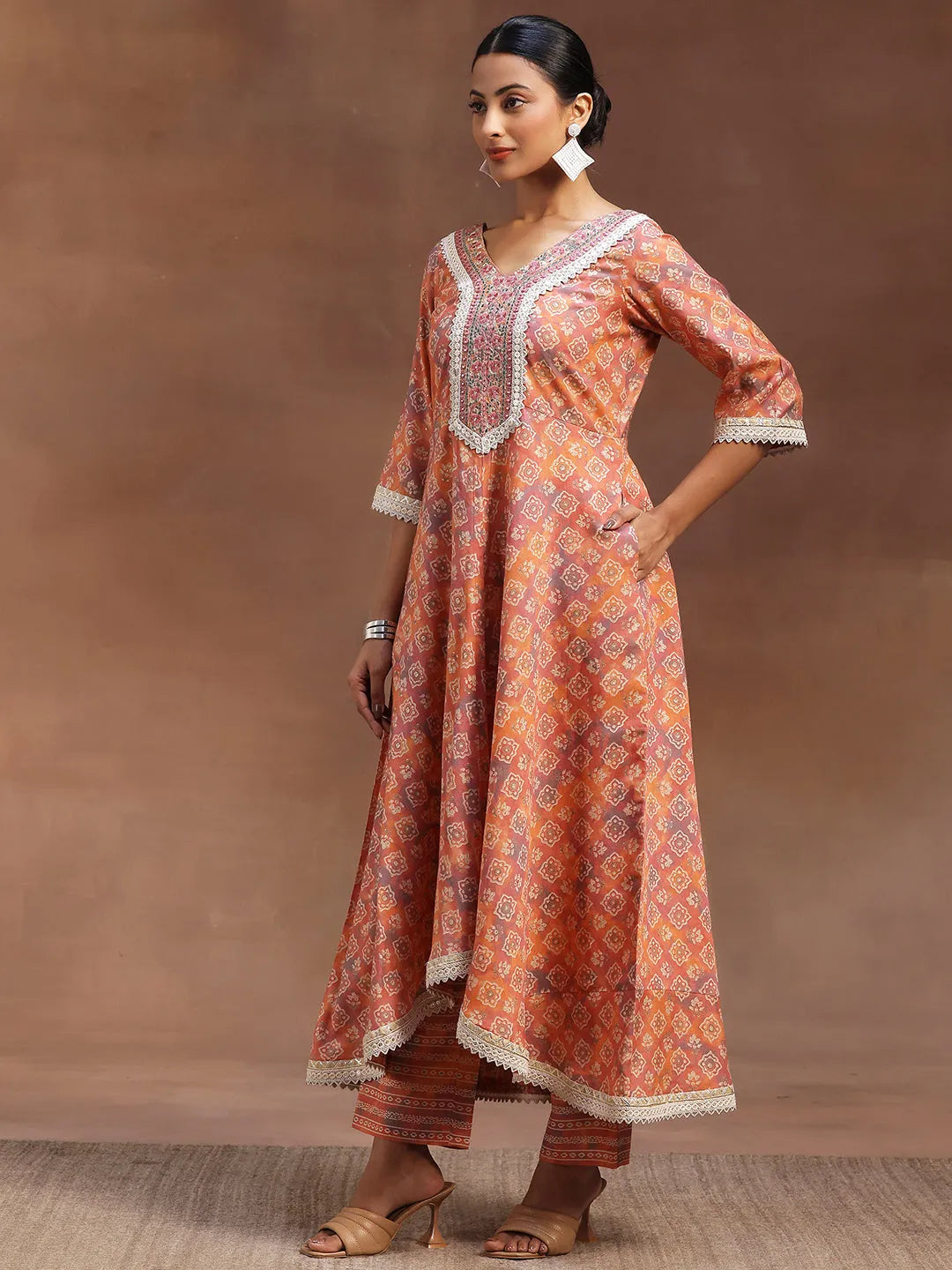  Peach Printed Silk Blend A-Line Kurta With Trousers & Dupatta 