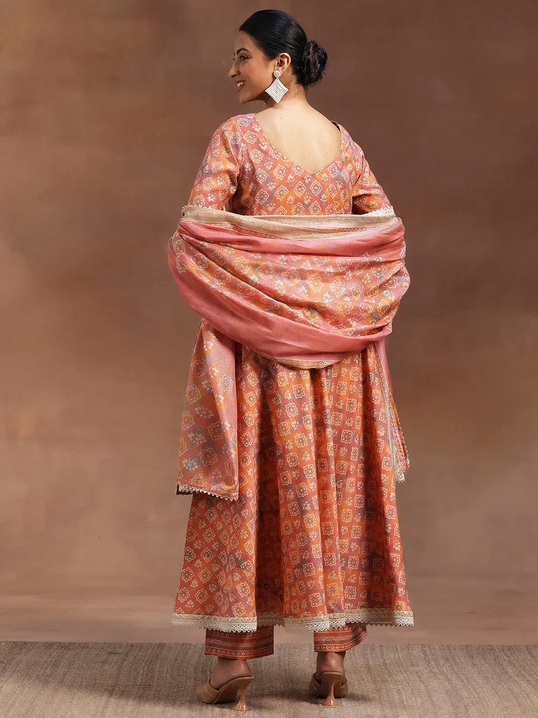  Peach Printed Silk Blend A-Line Kurta With Trousers & Dupatta 